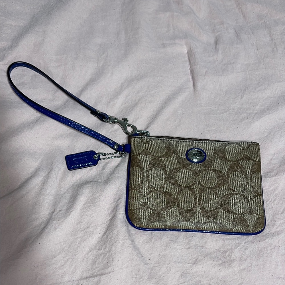 Coach Signature C Wristlet with Blue Patent Leather Trim
